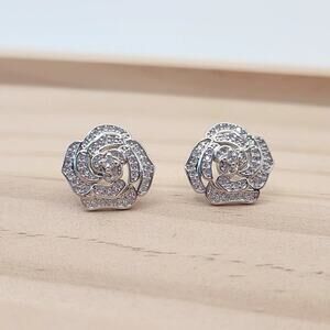 Elegant Camellia Flower Stud Earrings - Cubic Zirconia Floral Pierced Earrings